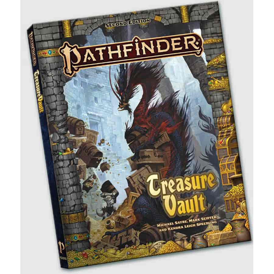 Pathfinder 2E: Treasure Vault Pocket Edition cover featuring a red dragon, treasure, and adventurer; includes new weapons.