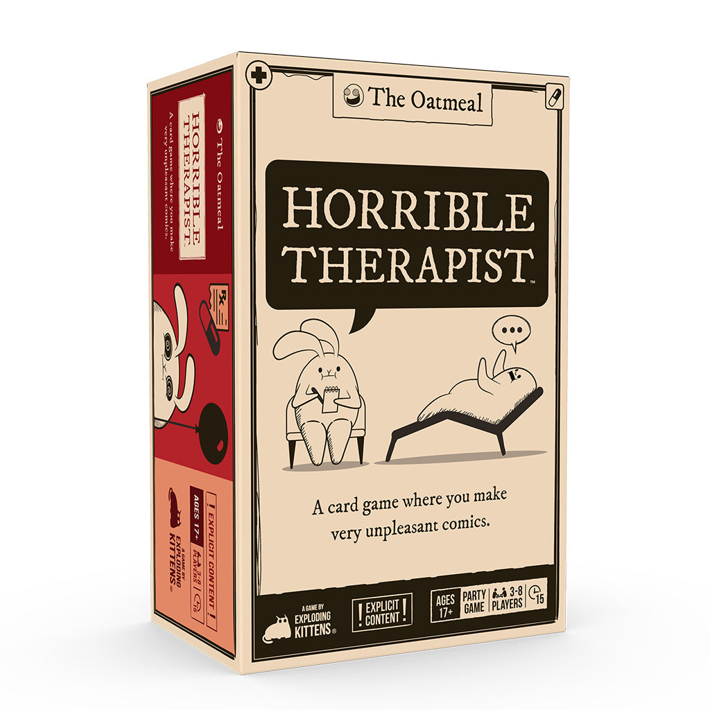 Horrible Therapist card game box with a cartoon rabbit therapist and potato-like patient on the cover.