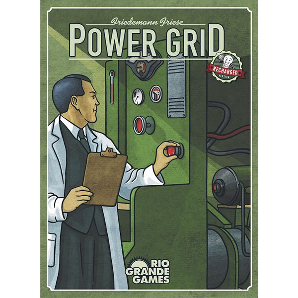 Power Grid Recharged (2nd Edition) board game cover featuring a man in a lab coat at a green machine.