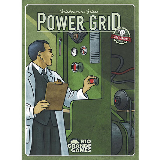 Power Grid Recharged (2nd Edition) board game cover featuring a man in a lab coat at a green machine.
