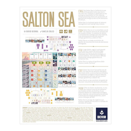 Salton Sea reference sheet showing setup, icons, multilingual rules, and geothermal energy information.