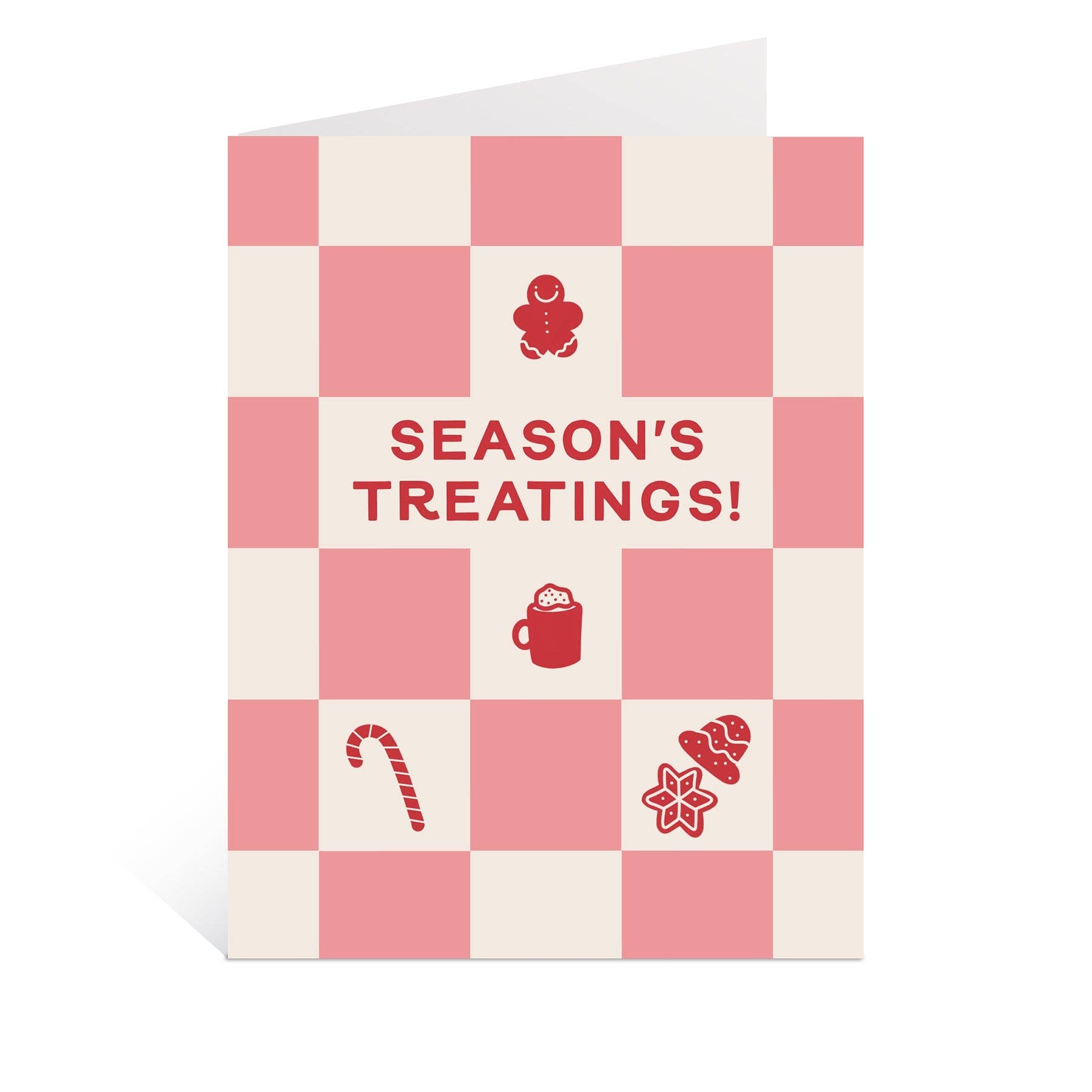 Season’s Treatings Christmas 2026 greeting card with a pink and cream checkerboard pattern and festive icons.