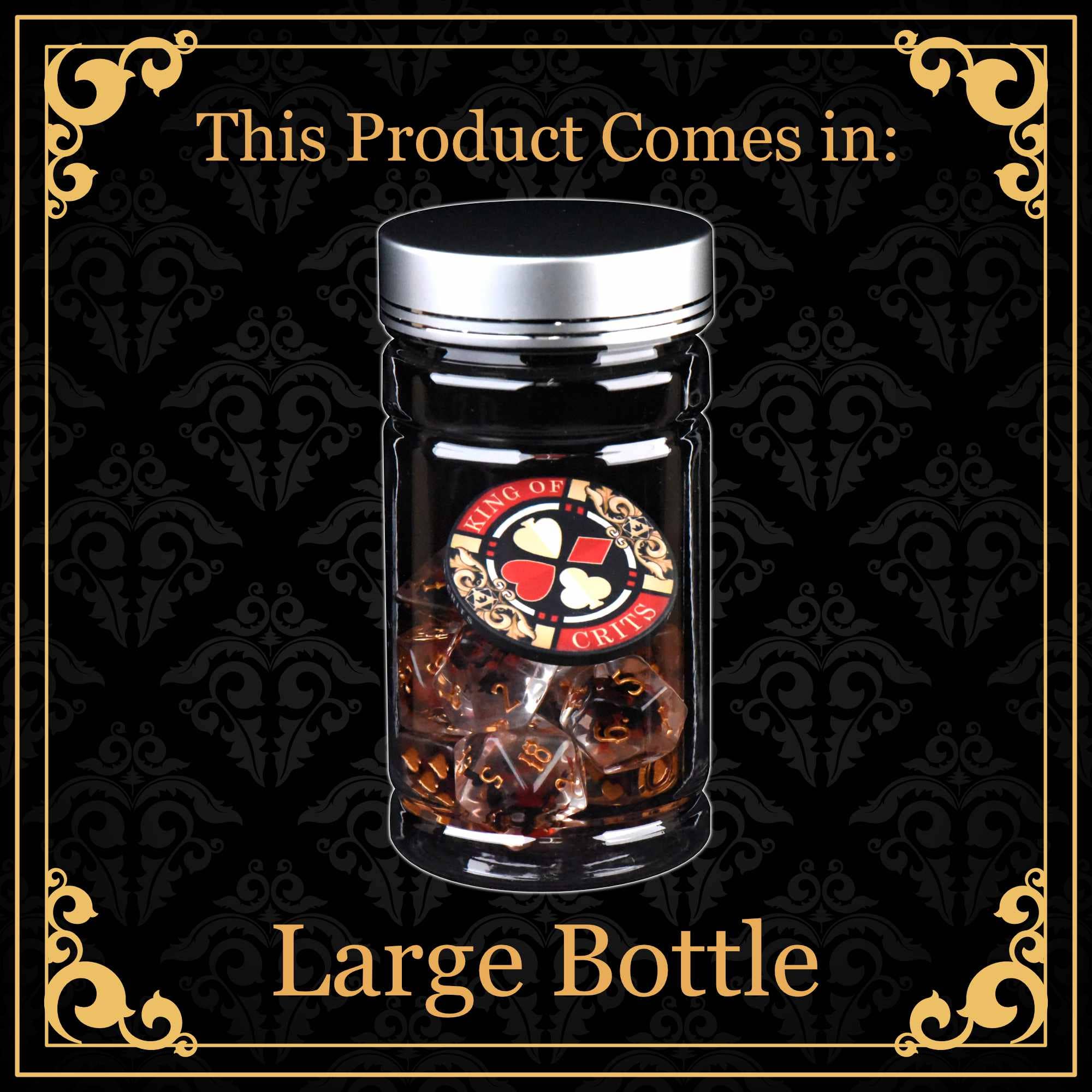 Vampiric Bloodline - 11 Dice Set inside a clear jar with a silver lid.