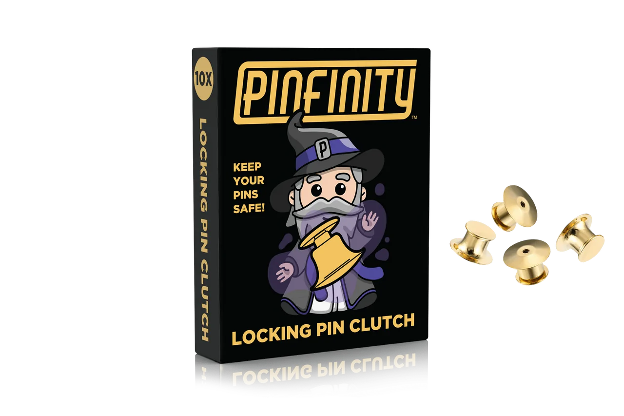 Box labeled Gold Premium Locking Pin Backs with four gold locking pin backs shown beside it.