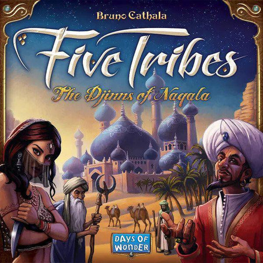 Five Tribes board game cover with palace, jeweled figures, camels, and worker placement elements shown.