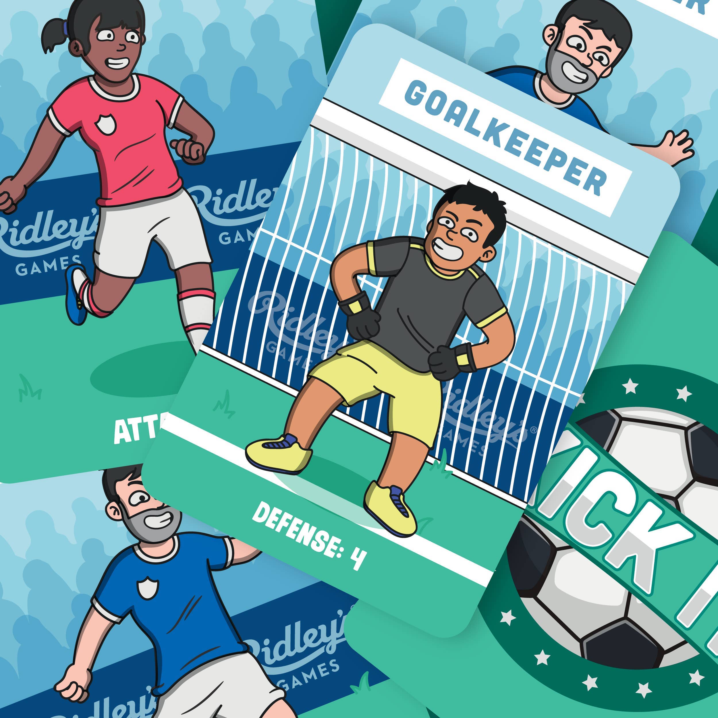 Kick It soccer cards set with player cards, goalie card, and soccer ball card.