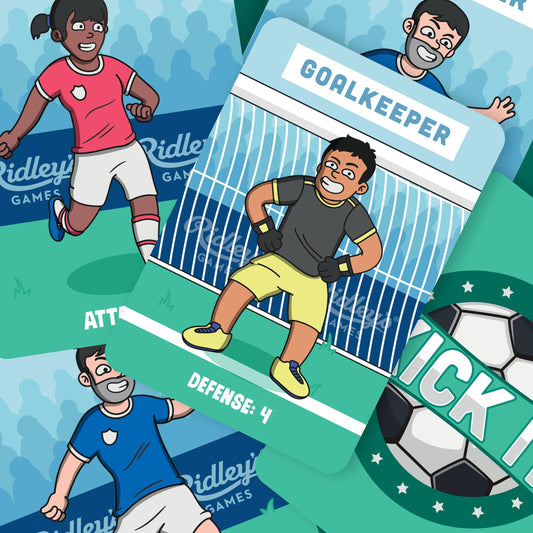Kick It soccer cards set with player cards, goalie card, and soccer ball card.
