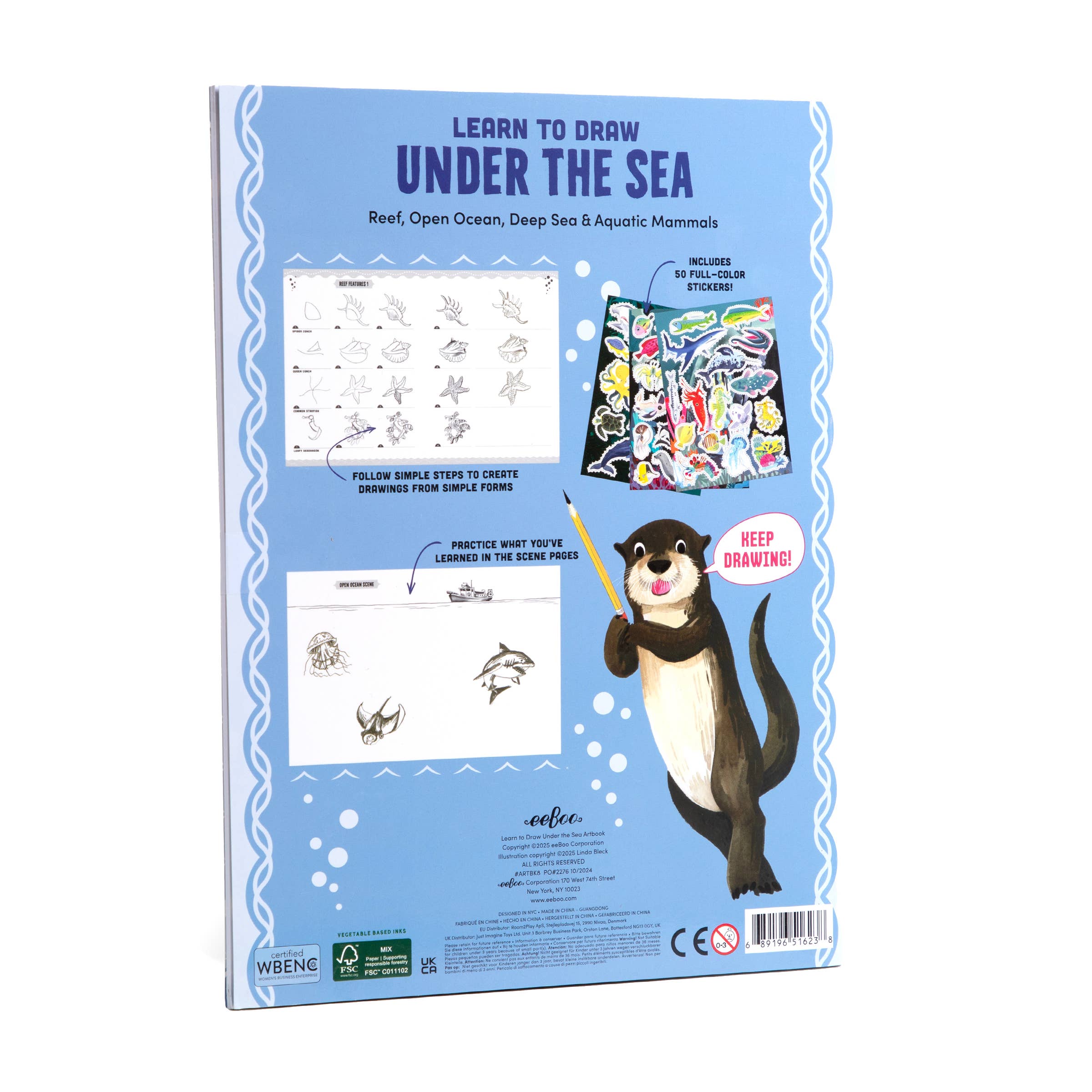 Back cover of Learn to Draw Under the Sea with Stickers, showing otters, ocean scenes, stickers, and sea creature art.