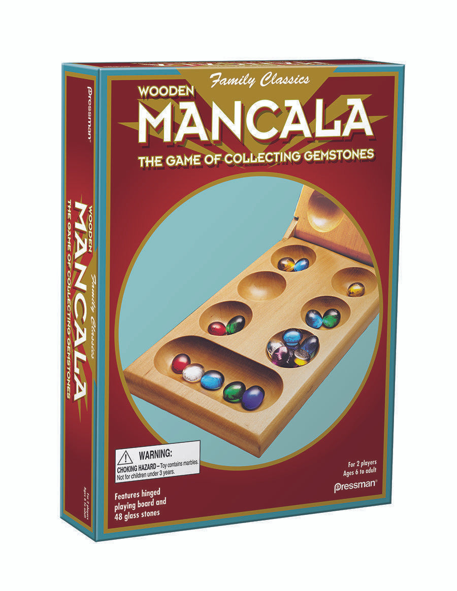 Mancala folding box set with wooden board and colored glass stones, in a red and yellow box.