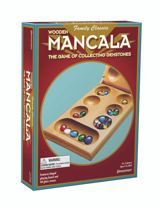 Mancala folding box set with wooden board and colored glass stones, in a red and yellow box.