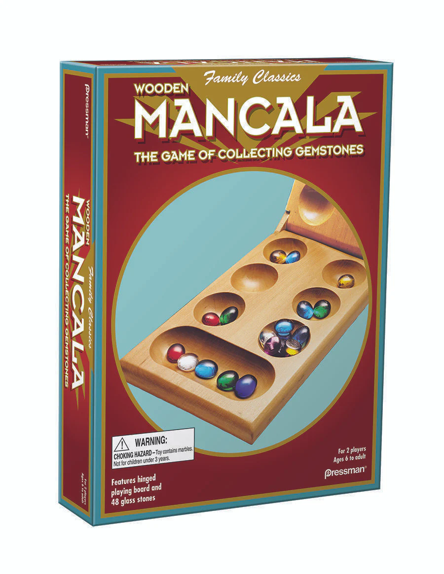 Mancala travel game in a folding box with colorful stones.