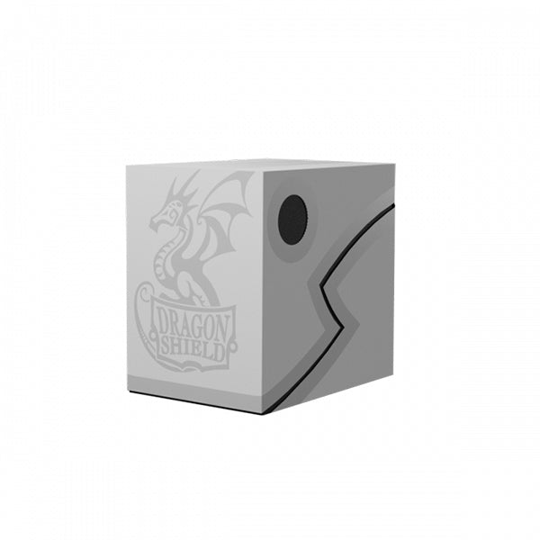 Ashen White/Black Dragon Shield Double Shell Deck Box with dragon design, logo, and black circular button.
