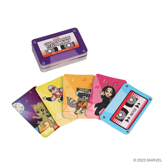 Marvel Guardians of the Galaxy Dance-off cards featuring Groot, Rocket, and Mantis on a white surface.