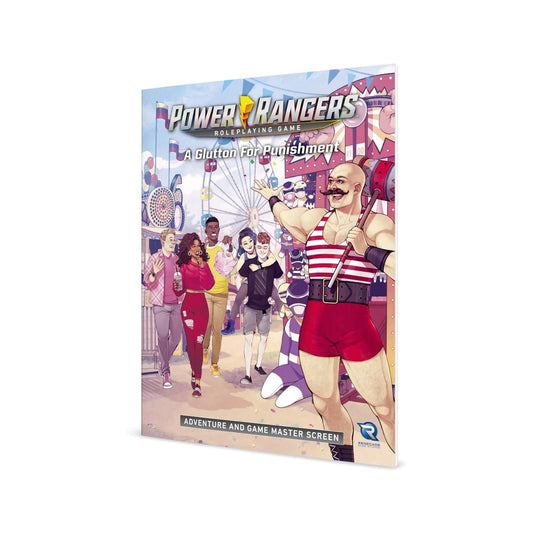 Power Rangers RPG: A Glutton for Punishment GM screen with circus-themed panels and fairground background.