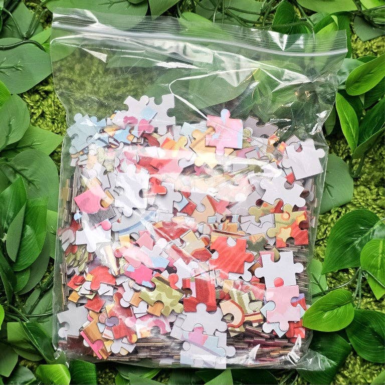 Kimono Kitties 500-piece puzzle in a clear plastic bag.