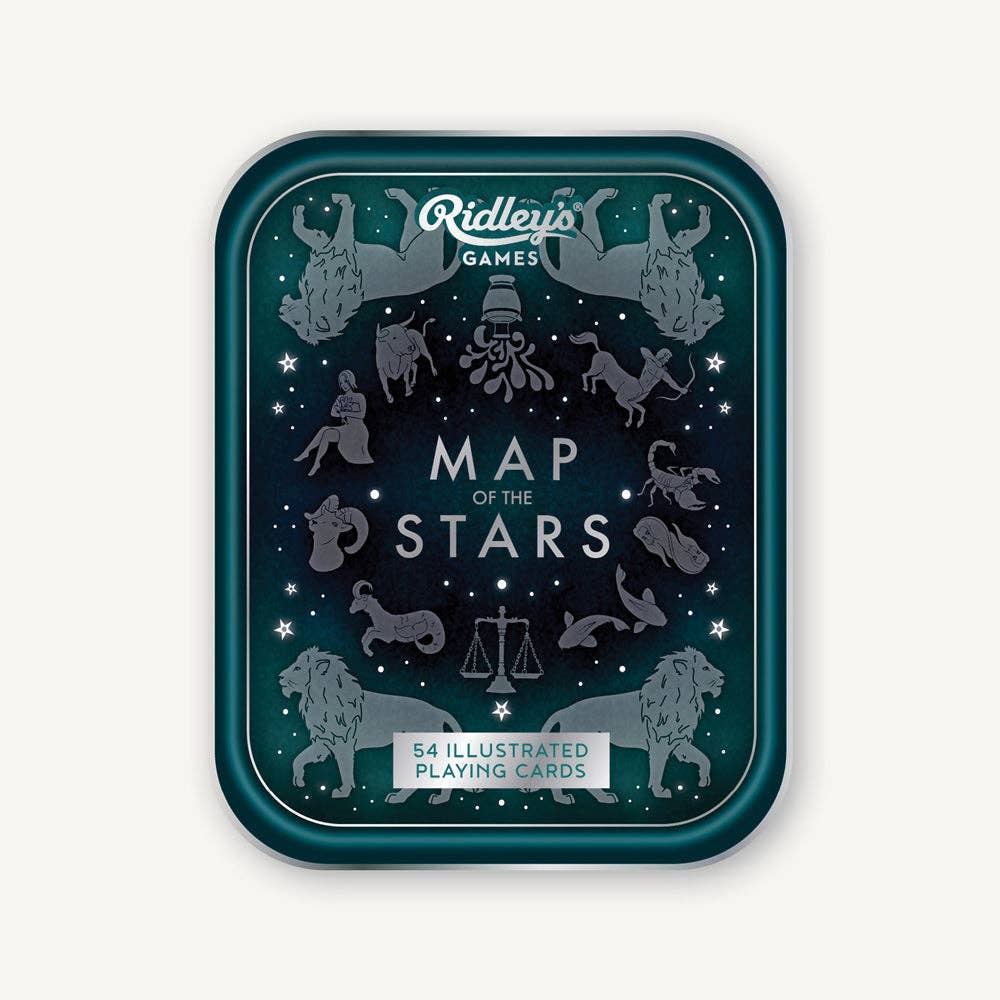 Map of the Stars Playing Cards set in tin box with zodiac symbols and 54 constellation cards included.