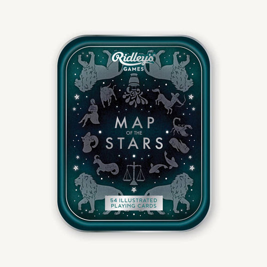 Map of the Stars Playing Cards set in tin box with zodiac symbols and 54 constellation cards included.