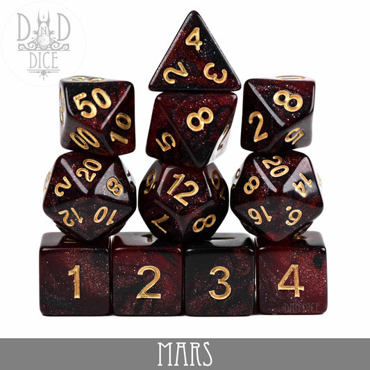 Mars Galaxy 11 Dice Set, dark red with gold numbers, arranged in rows with MARS labeled at the bottom.