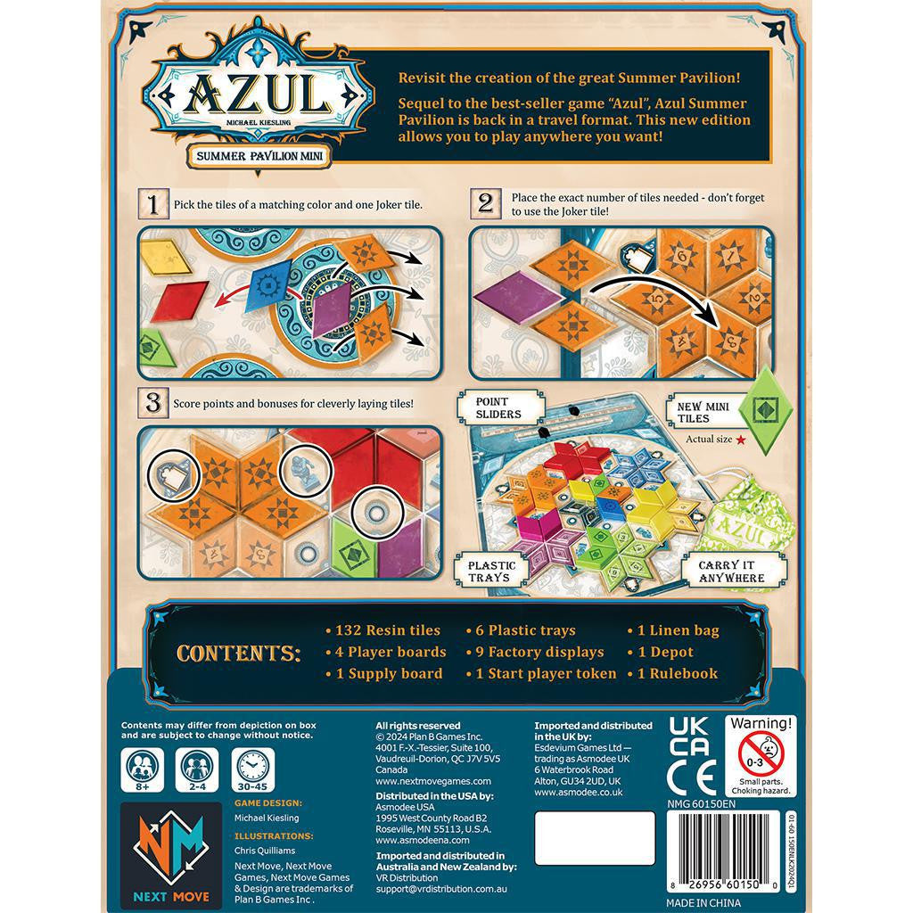Azul Mini Summer Pavilion box back displaying game pieces, setup layout, and included contents.