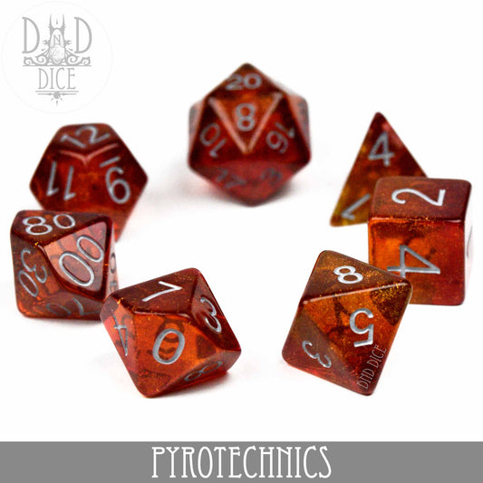 Six red-orange Pyrotechnics dice with white numbers; DnD Dice logo in the top left corner.