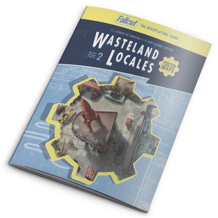 Fallout RPG: Map Pack 2 – Wasteland Locales with battlemaps and a red rocket illustration for Fallout: The Roleplaying Game.