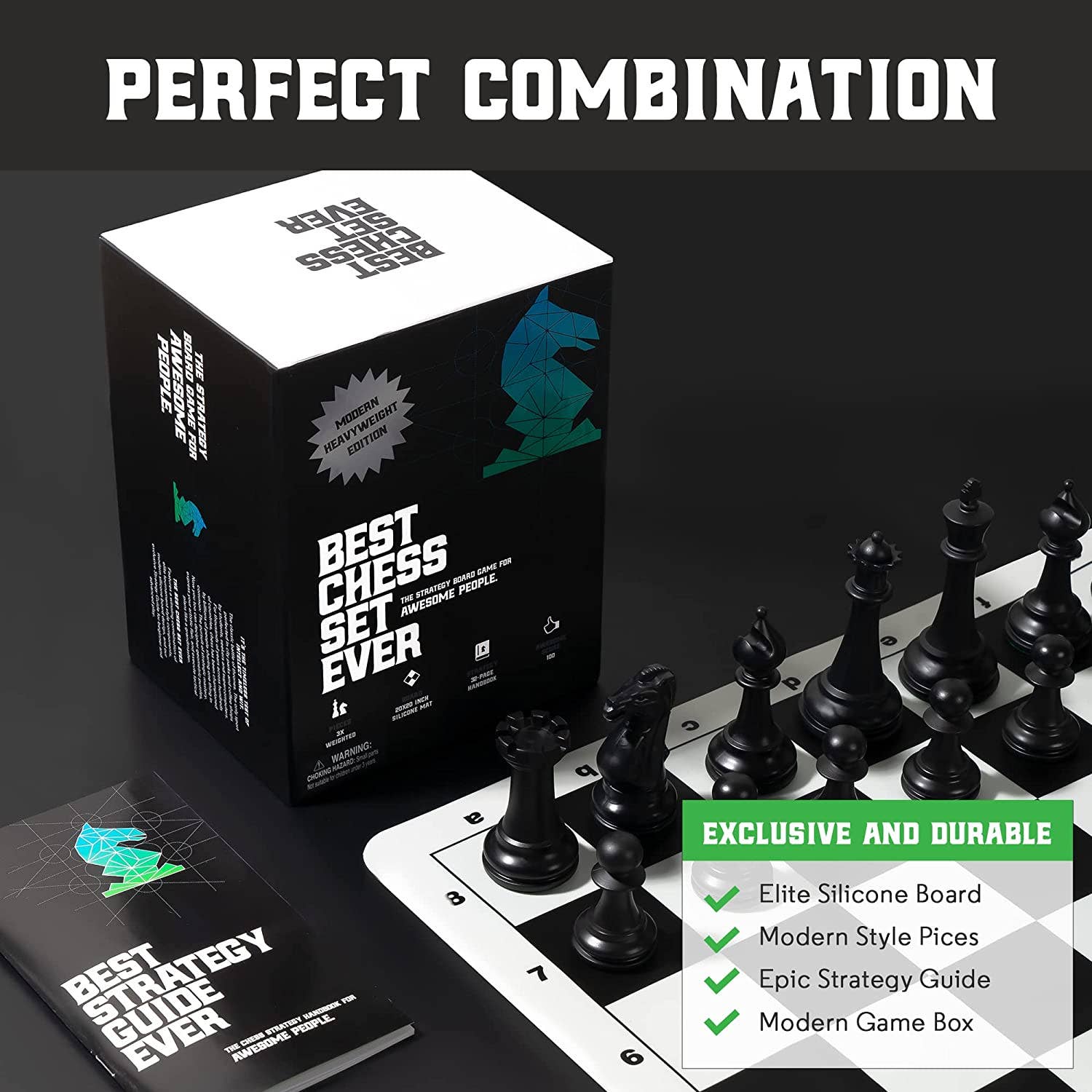 Best Chess Set Ever 3x Tournament Set with weighted black pieces, strategy guide, and double-sided board.