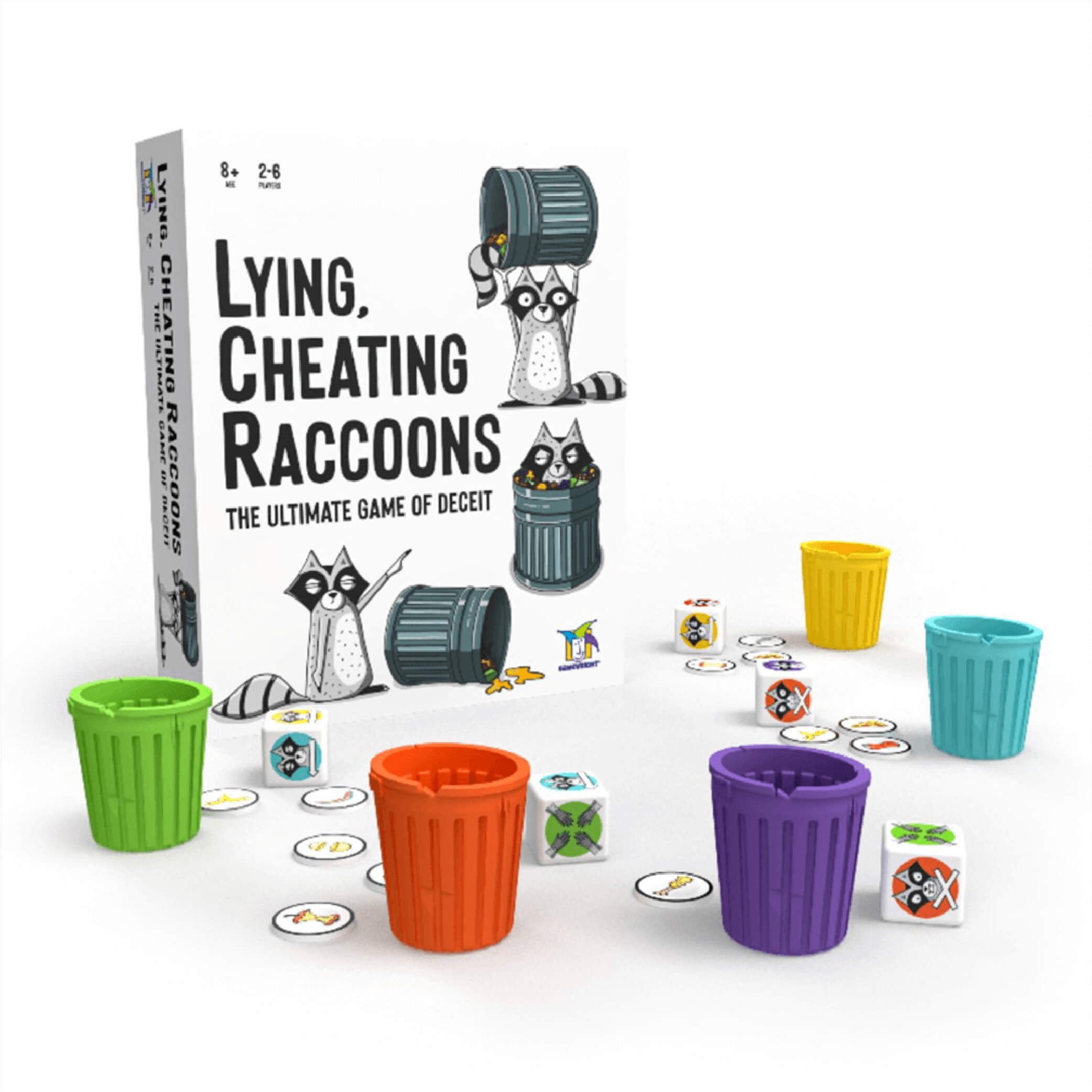 Lying, Cheating Raccoons game box with raccoon illustrations, bins, and dice visible on the packaging.