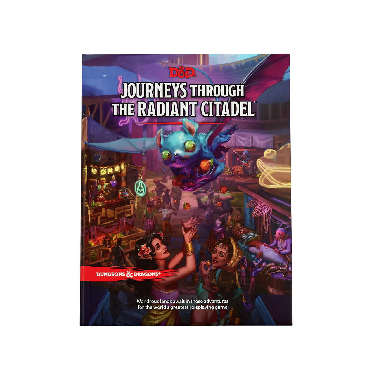 Journeys Through the Radiant Citadel Adventure Book cover featuring a market scene and a floating blue creature.