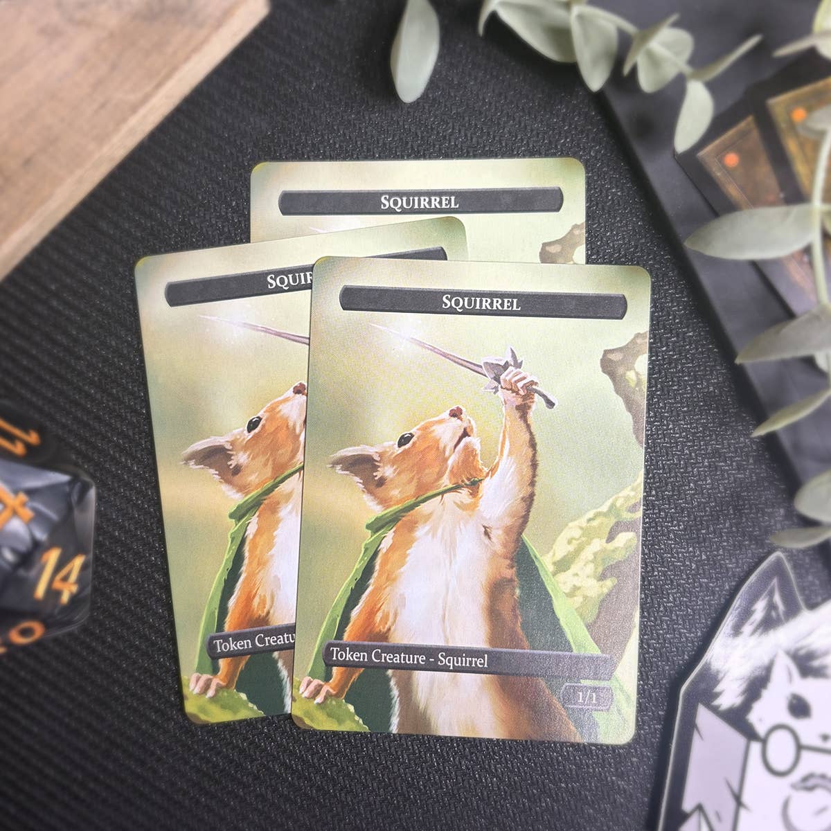 Squirrel & Food Token Set with three illustrated cards depicting squirrels with swords and green capes.