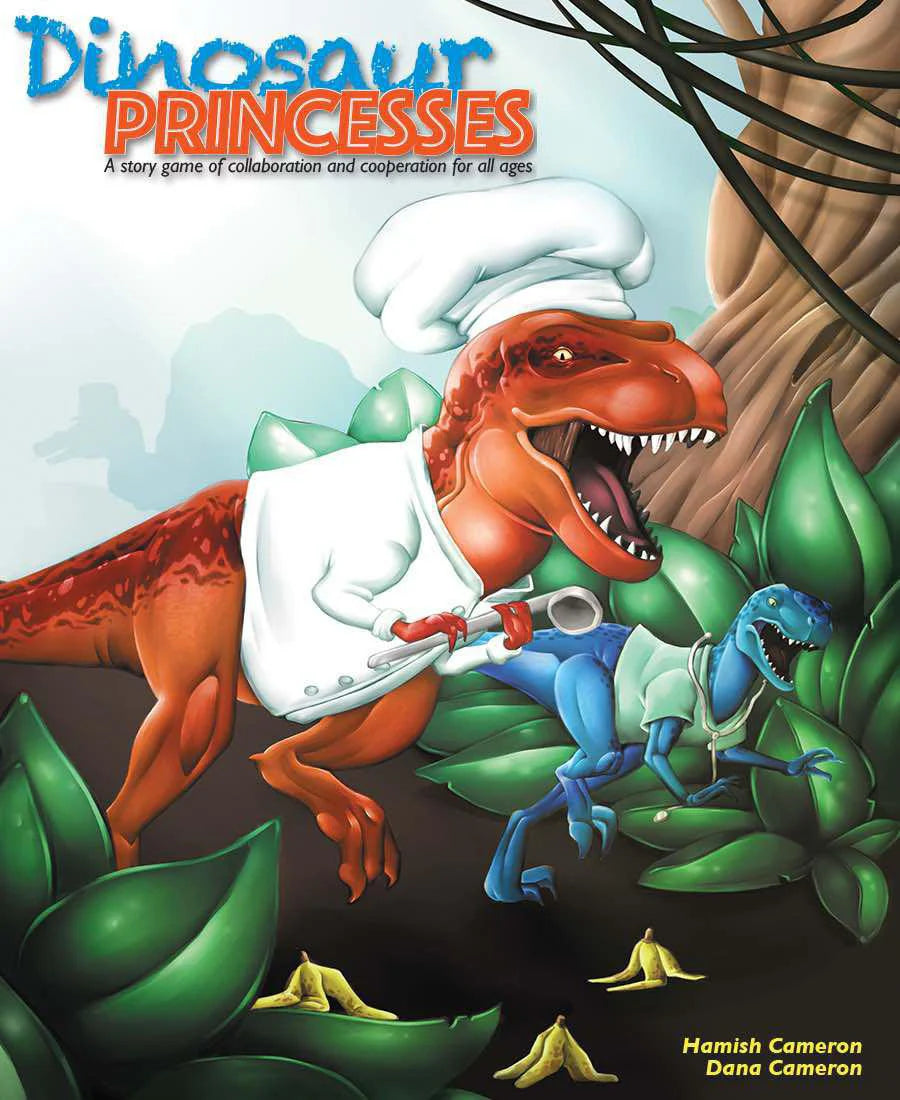 Red T. rex chef and blue Dinosaur Princess figures with banana peels, shown in a jungle setting.