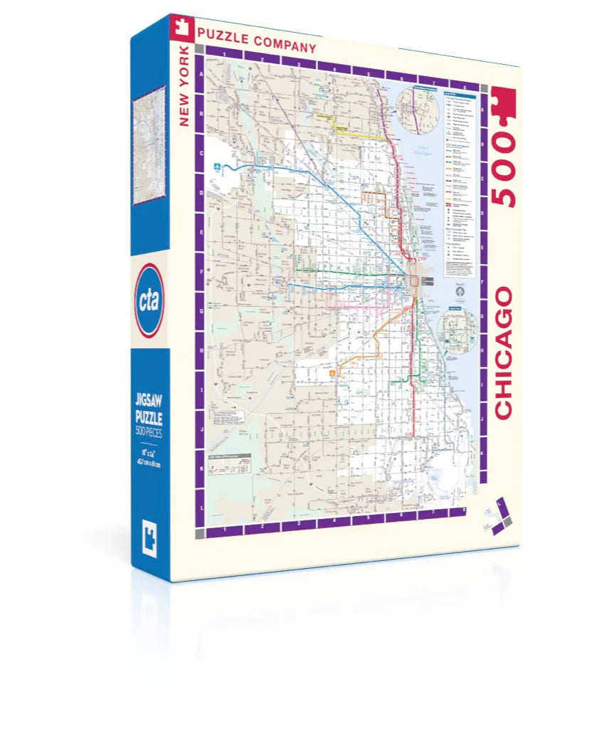 Chicago Transit Map 500 Piece Puzzle featuring a detailed CTA subway map on the box front.