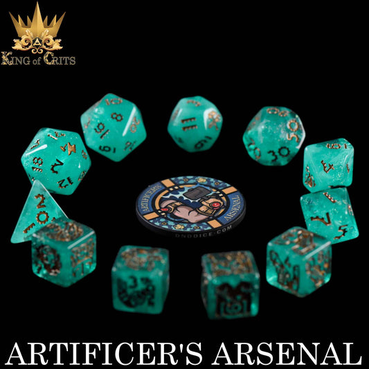 Artificers Arsenal 11-piece set: teal dice with gold numbers and a black token featuring a mechanical arm.