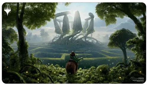 Virtue of Strength WoE playmat featuring a rider on horseback in a forest near a mystical monument.