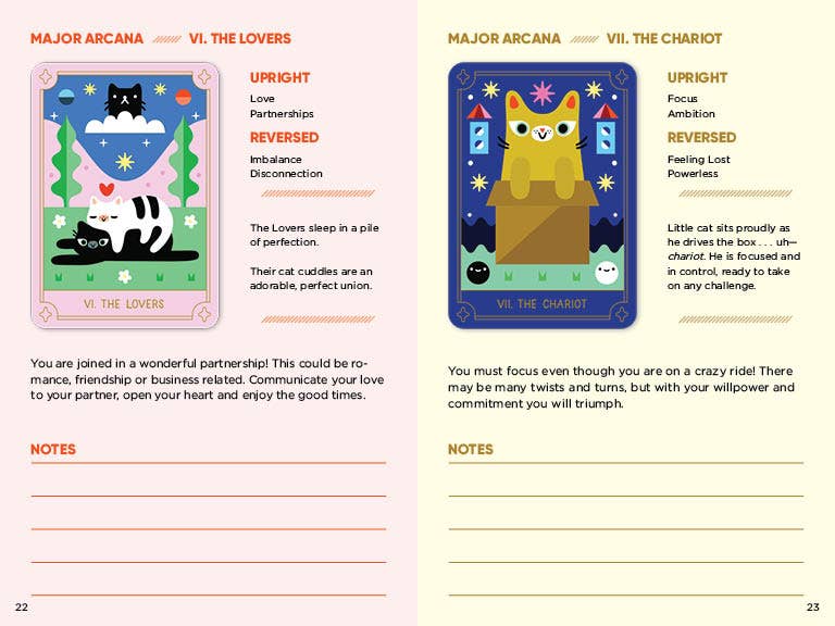 The Mystic Cats Tarot deck featuring The Lovers with cuddling cats and The Chariot with a cat in a box.