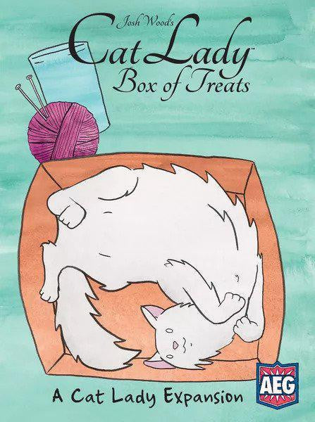 Cat Lady: Box of Treats Expansion board game featuring a white cat with yarn in a box.
