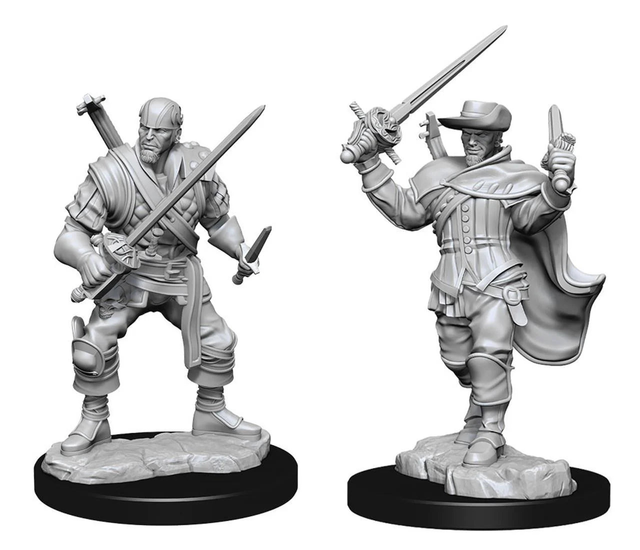 D&D: NMU: Human Male Bard W4 includes two bard miniatures with swords and capes.