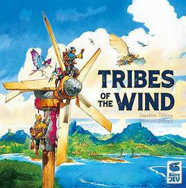 Tribes of the Winds board game box featuring riders on flying machines using elemental magic above a green landscape.
