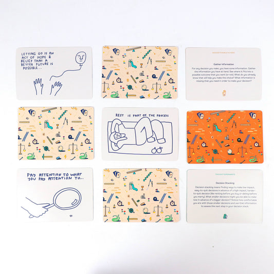 Nine cards from the How To Decide Deck arranged in a grid, each with an abstract pattern.