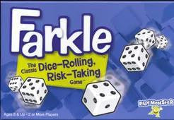 Farkle box cover with dice and the tagline: The Classic Dice-Rolling, Push-Your-Luck Game.