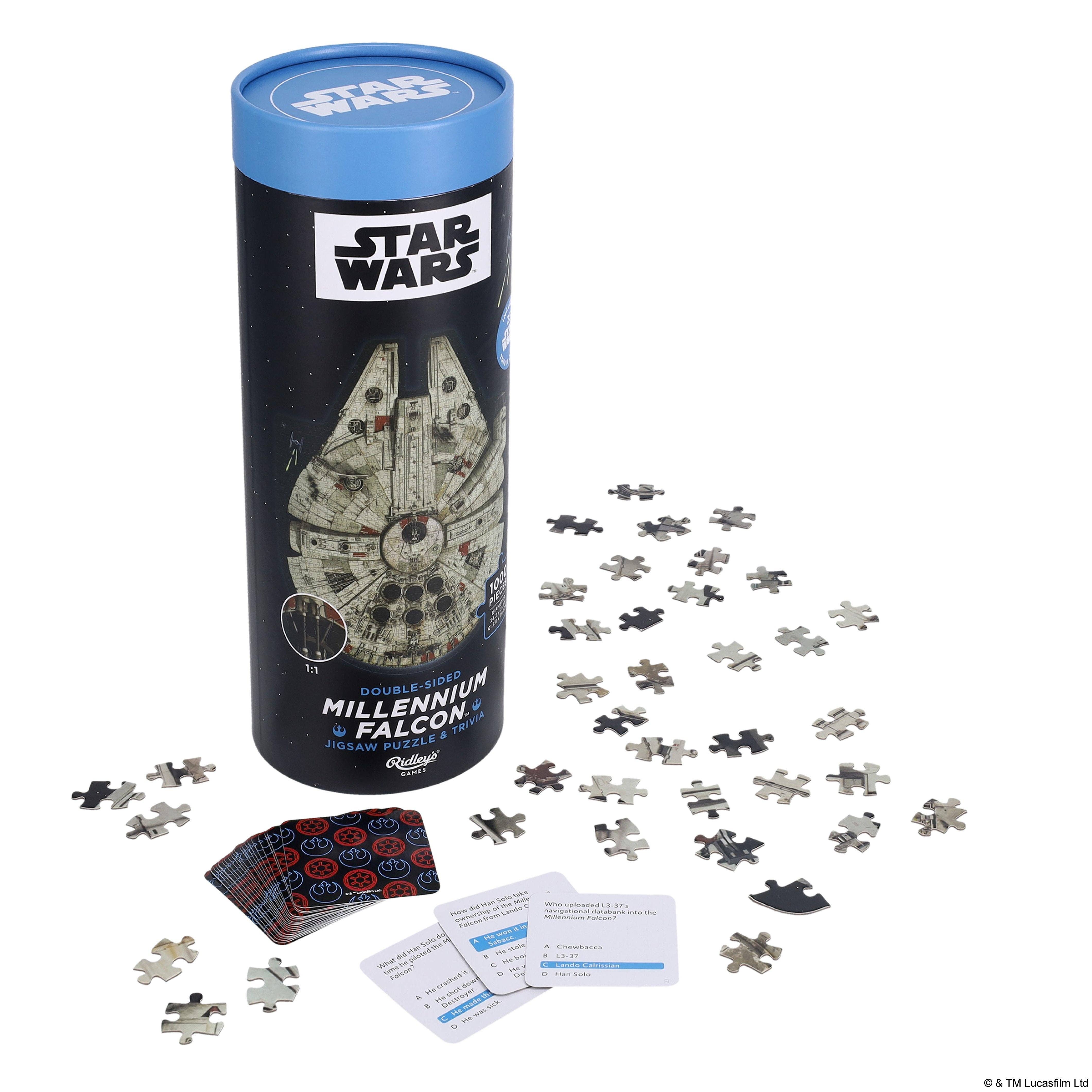 Star Wars Millennium Falcon jigsaw puzzle with trivia cards in a cylindrical container.
