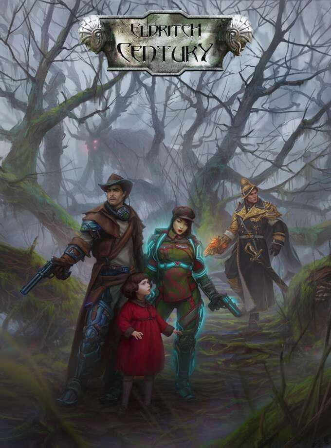 Eldritch Century - Almanac and Expeditions cover with three adventurers and a girl in red in a foggy, twisted forest.