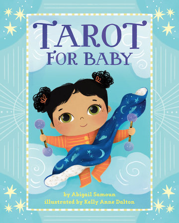 Tarot for Baby board book with cover art showing a baby holding rattles and wrapped in a celestial-patterned blanket.