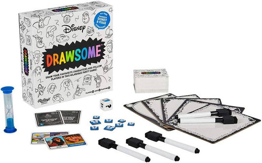Disney Drawsome board game with sand timer, markers, cards, and tokens on a white background.
