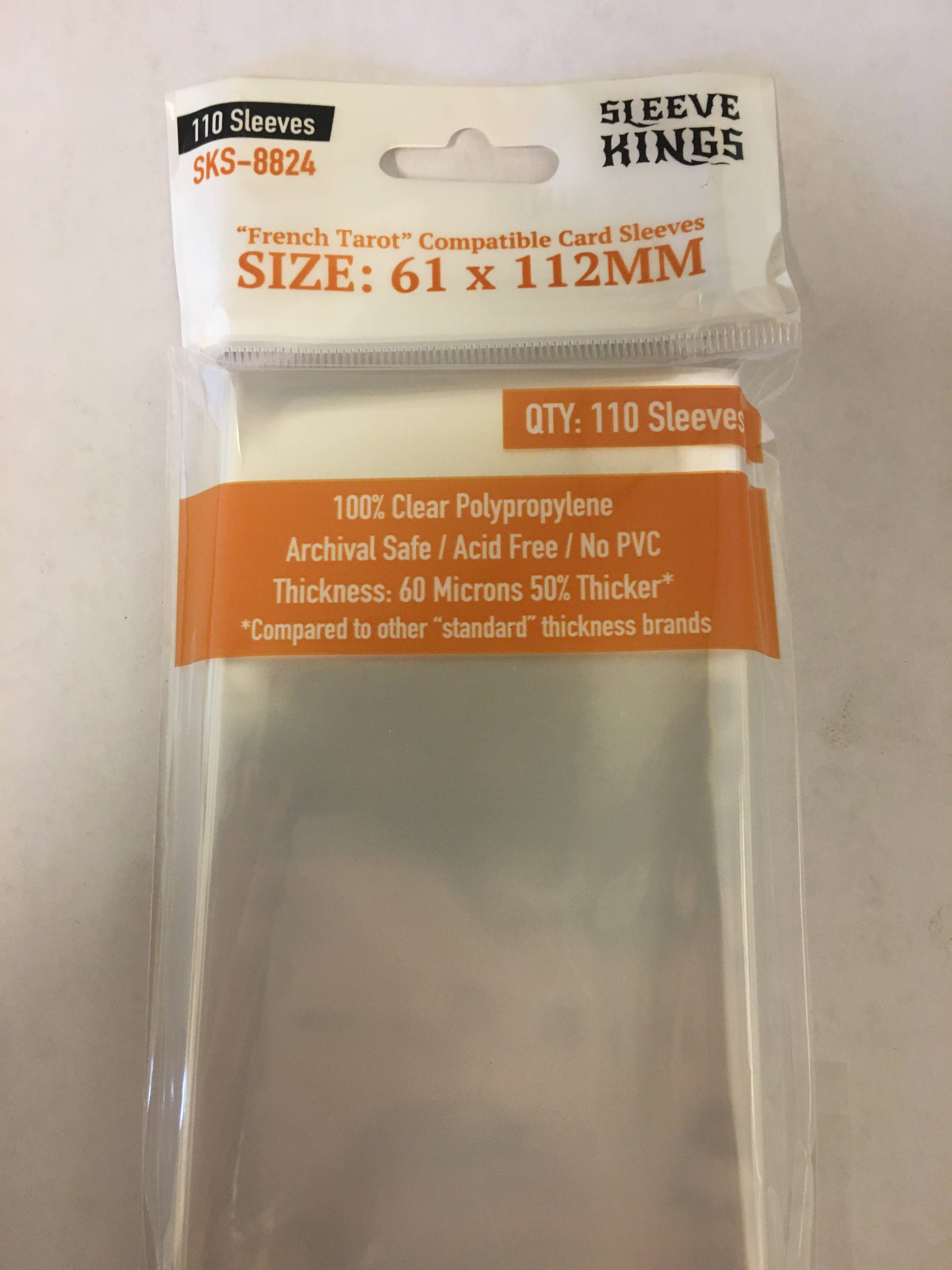 French Tarot Card Sleeves, 61x112mm, 110-pack, SKS-8824, 60-micron thickness, shown in clear packaging.
