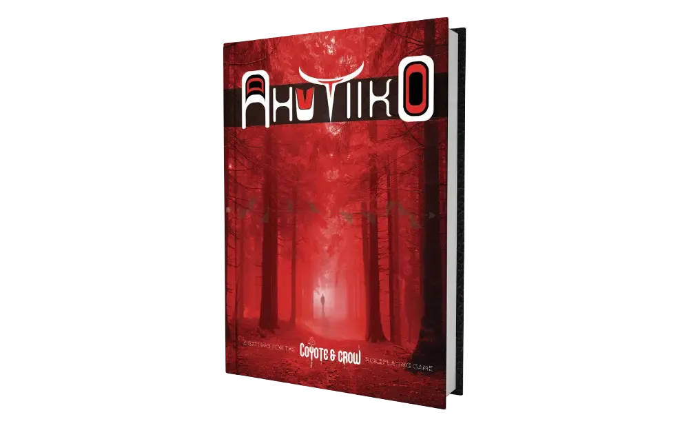 Ahu Tiiko red-toned Coyote & Crow RPG book featuring a forest silhouette and bold black and white text on the cover.