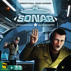 Two animated crew members at control panels in a Sonar team strategy game scene.