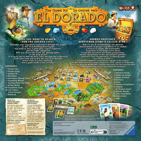 The Quest for El Dorado deck-building board game with map tiles and adventure cards set in South America.