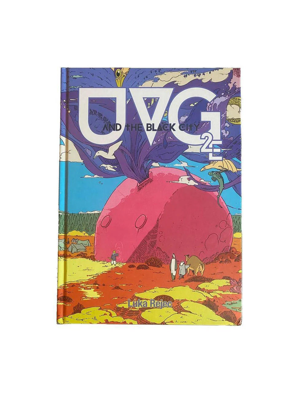 Ultraviolet Grasslands 2E book cover featuring a large pink rock in a surreal landscape.