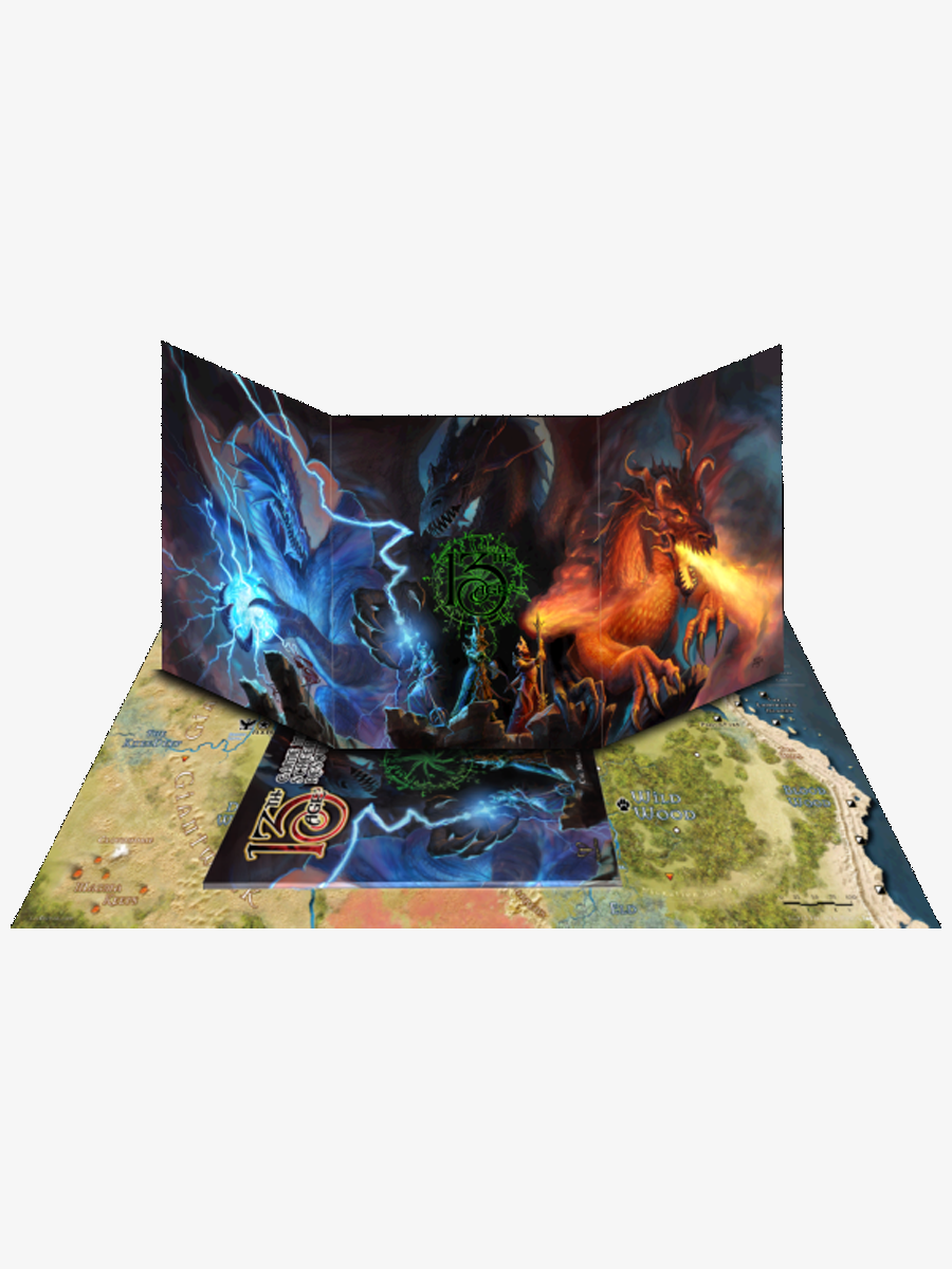 The 13th Age: Game Masters Screen and Resource Book with a Dragon Empire map showing blue and red dragons.