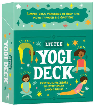 Little Yogi Deck, kids’ yoga pose cards in a box with colorful designs on a green background.